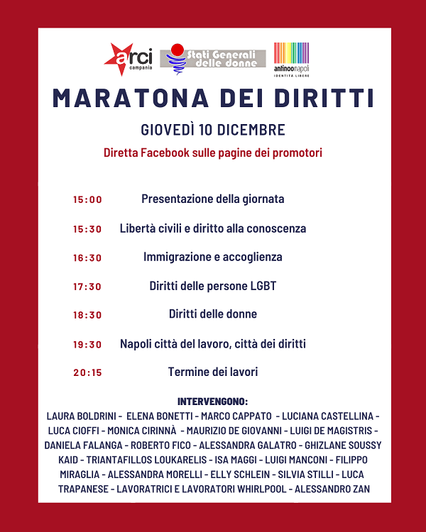 Il 10 dicembre online la “Maratona dei Diritti”: dalle 15 online per parlare di libertà civili, immigrazione, diritti LGBT e delle donne